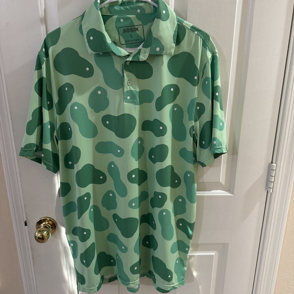 Mens SOSIK Golf Greens Course Print Short Sleeve Polo Shirt Sz Large/Long Green
